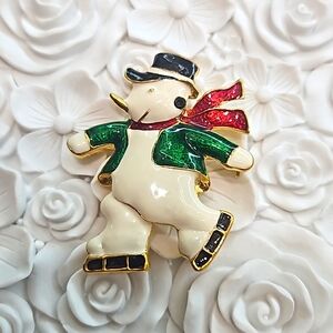 Christmas Holiday Metallic Gold Skating Snowman Pin/Brooch